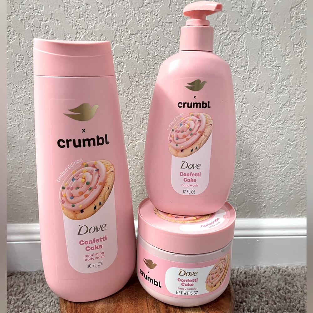 Limited Edition Dove x Crumble Confetti Cake Set. Body Wash, Scrub & Hand Soap